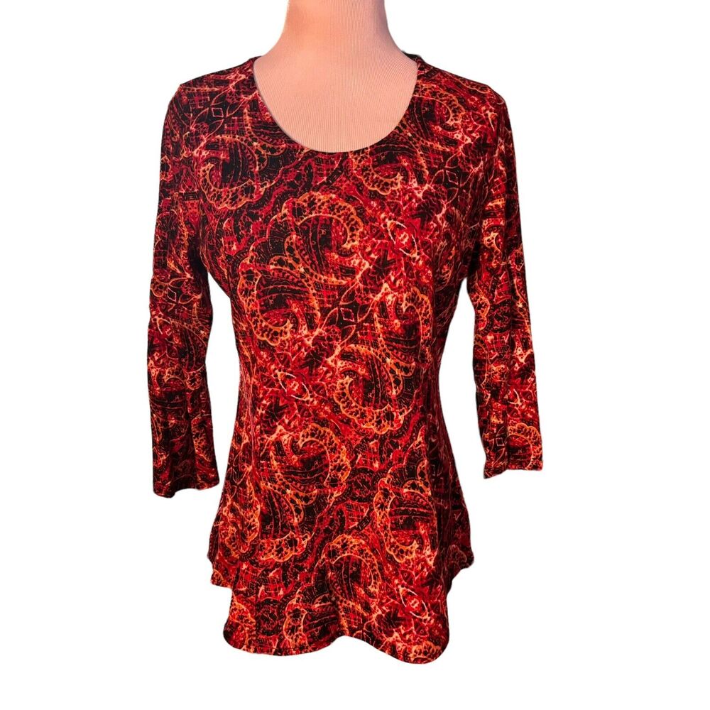 Dressbarn Women’s Sweater Reds Browns Paisley Floral Size Petite Small NEW Y134